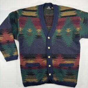 Vintage STRUCTURE 100% Wool Cardigan Sweater Mens Large Aztec Southwest Grandpa